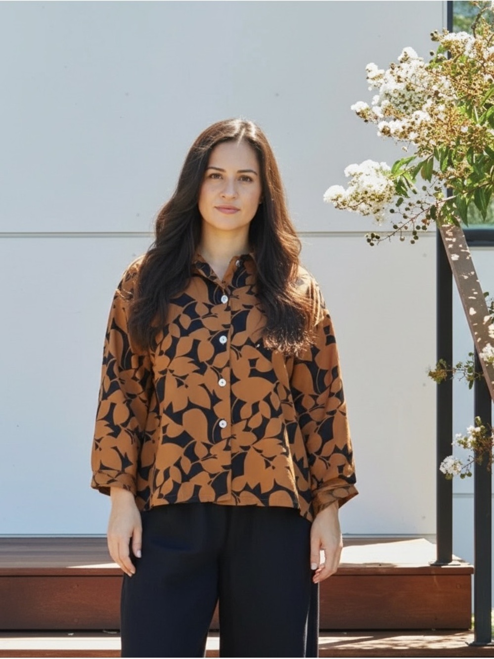 Bryn Walker brown black dark fall floral poplin oversized balloon hem blouse s